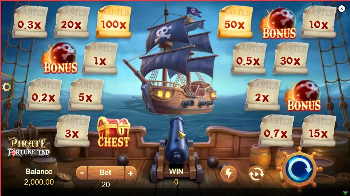 Kapal bajak laut dengan latar belakang laut lepas dalam game Pirate Fortune Tap