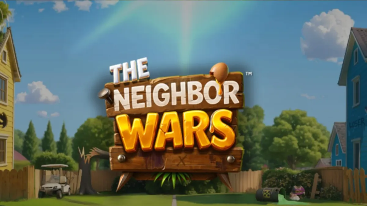 The Neighbor Wars slot gameplay scene featuring suburban rivalry theme